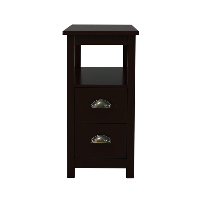 End Table Narrow Nightstand With Two Drawers And Open Shelf-Brown - DTYStore