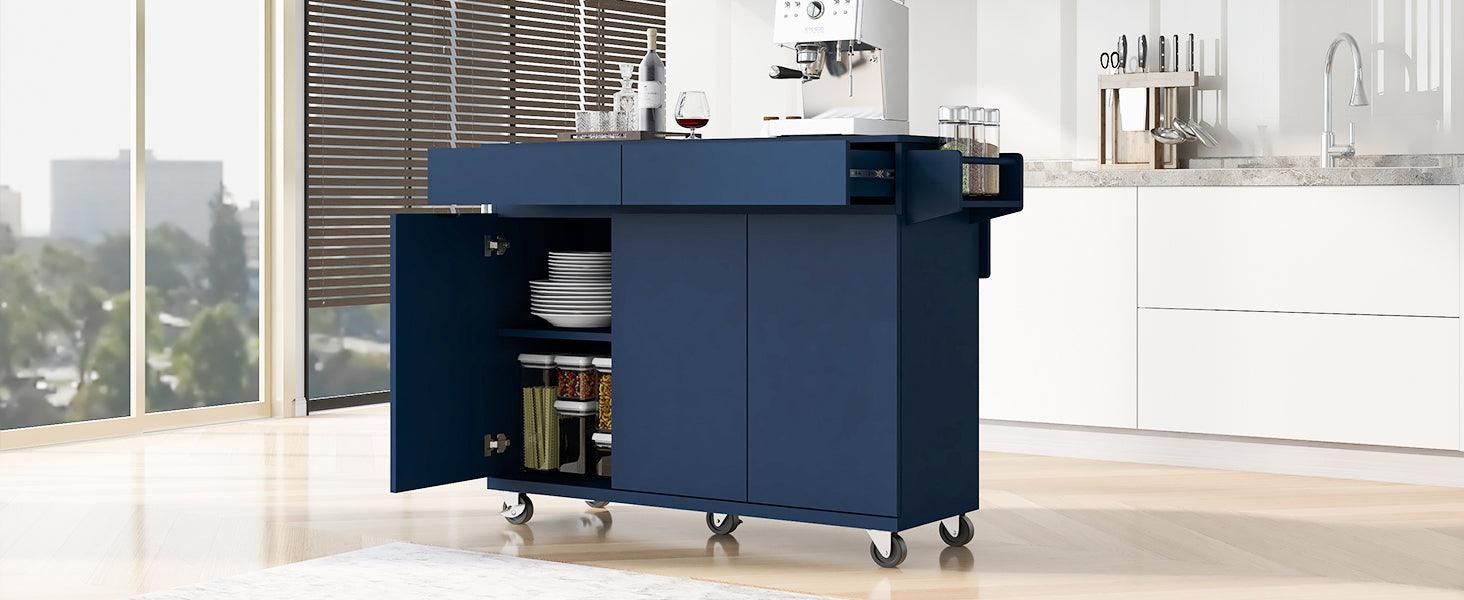 53.2'' Kitchen Island with Drop Leaf, Kitchen Storage Cart with Spice Rack, Towel Rack and 2 Drawers, Rolling Kitchen Island on Wheels with Adjustable Shelves for Kitchen, Dining Room, Navy Blue - DTYStore