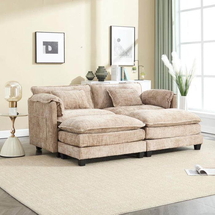 UNITED WE WIN Chenille fabric, solid construction, the overall structure of the sofa is stable, detachable armrests, two foot stools and two-seat sofa with side pockets