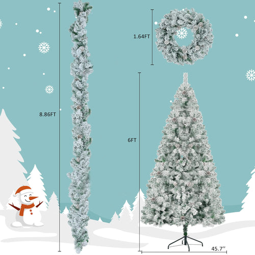 6FT Snow Flocked Christmas Tree, Pre-Lit Set with Tree & Garland & Wreath, Artificial Hinged Xmas Tree with Colorful LED Lights, 8 Lighting Modes, Pine Cones, Holiday Décor for Home - Image 10