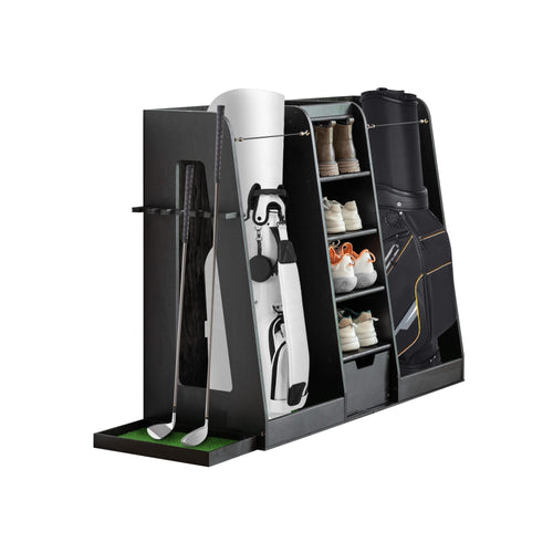 55.5''x16''x37''(LxWxH) Wooden Golf Bag Organizer and Storage Rack, High Quality Wooden 2 Golf Bag Rack with Drawers, Easy to Assemble Golf Club Holder/Stand with Club Holders on Side,Black - Image 13