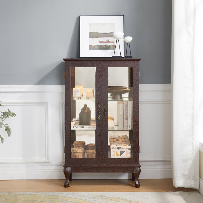 2 Doors Curio Cabinet with Tempered Glass Doors and Mirrored Back Panel, Lighted Display Cabinet for Home and Office