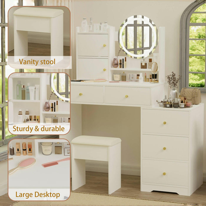 Fashion Vanity Desk with Mirror and Lights for Makeup and Cushioned Chair, Vanity Mirror with Lights and Table Set with 3 Color Lighting Brightness Adjustable,Dressing table, White Color - DTYStore