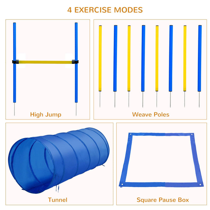 4PC Obstacle Dog Agility Training Course with Jump Hurdle, Tunnel, Pause Box, Weave Poles and Carrying Bag, Backyard Competitive Equipment- Blue/Yellow - DTYStore