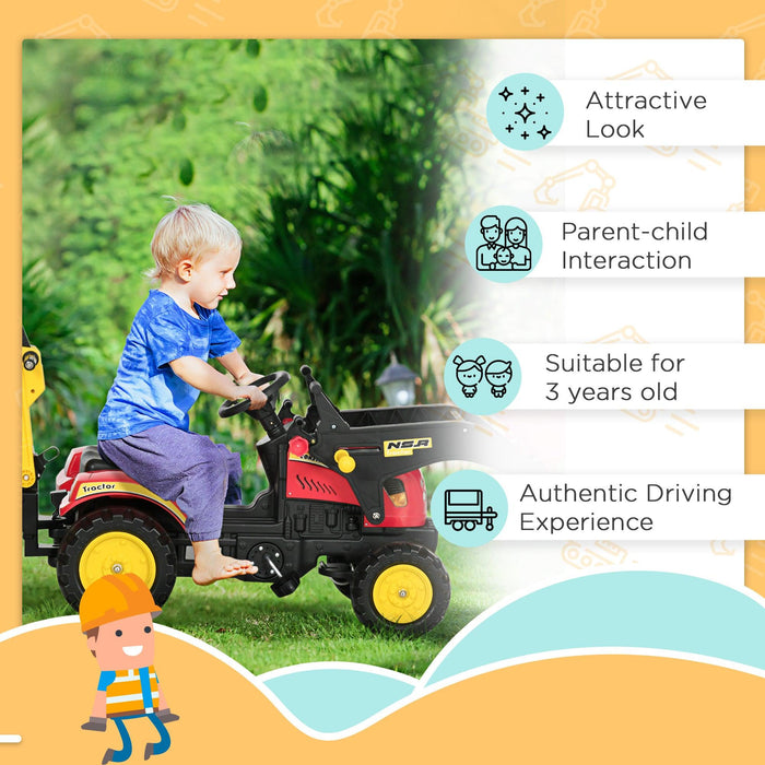 3 in 1 Kids Ride On Excavator/Bulldozer, Pedal Car Digger Toy Move Forward/Back with 6 Wheels and Detachable Cargo Trailer