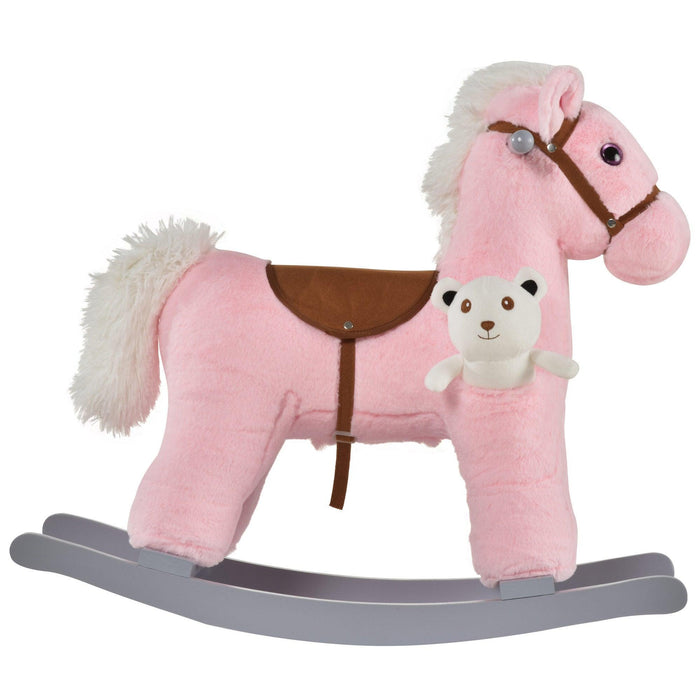Kids Plush Ride-On Rocking Horse with Bear Toy, Children Chair with Soft Plush Toy & Fun Realistic Sounds, Pink