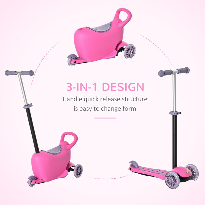 3-in-1 Ride On Push Car, Kids Scooter, Sliding Walker, Push Rider, with Adjustable Handlebar, 3 Balanced Wheels, Removable Storage Seat, for Boys and Girls Aged 2-6 Years Olds, Pink - DTYStore