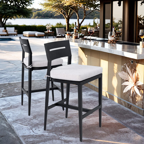 Modern Outdoor Bar Stools Set of 2, Aluminum Patio Chairs with Backrest and Footrest, Weather-Resistant, Ember Black, Sunbrella Cushions - Image 2