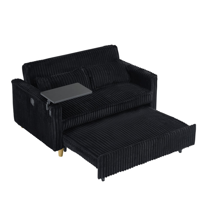 The pull-out and push-in black corduroy sofa with dual functions, equipped with a movable tabletop and USB ports, is suitable for use in living rooms and bedrooms.