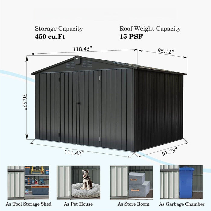 Outdoor Storage Shed 10'x 8', Metal Garden Shed for Bike, Trash Can, Tools, Galvanized Steel Outdoor Storage Cabinet with Lockable Door for Backyard, Patio, Lawn (10x8ft, Black) - DTYStore