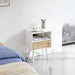 15.75" Rattan End table with Power Outlet & USB Ports , Modern nightstand with drawer and solid wood legs, side table for living room, bedroom, white - DTYStore