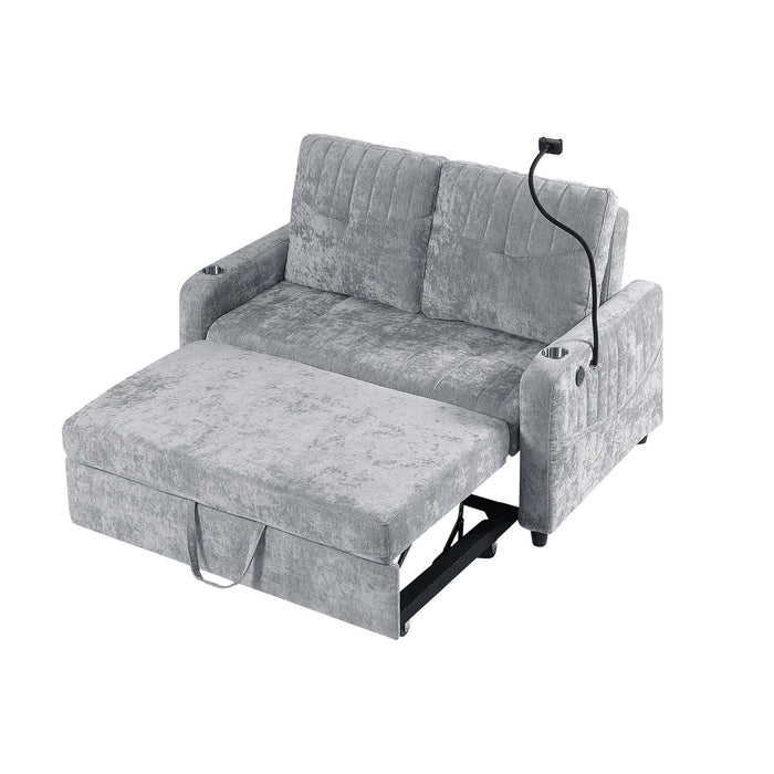 53.9" Modern Loveseat Pull-out Sofa Bed with Adjustable Backrest, Two Cup Holders , a Phone Holder, Three Charging Ports and Side Storage Pockets for Living Room, Grey - DTYStore