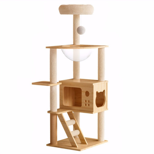 48.8' Modern Cat Tower, Wood Cat Tree Tower for Indoor Cats, Cat Tree with Sisal-Covered Scratching Posts and Top Perch, Cat Condo with Acrylic Hammock for Small Large Cats - Image 1
