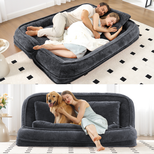 [NEW ARRIVED] [VIDEO PROVIDED] Double human dog bed,Lazy sofa ,Loveseat,Fits You & Pets,Extra Large Floor Couch,Can sit or lie down,2-in-1,5 Adjustable Position, Plump Pillow,2 Seat,Chenille,Dark Gray