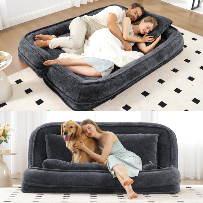[NEW ARRIVED] [VIDEO PROVIDED] Double human dog bed,Lazy sofa ,Loveseat,Fits You & Pets,Extra Large Floor Couch,Can sit or lie down,2-in-1,5 Adjustable Position, Plump Pillow,2 Seat,Chenille,Dark Gray