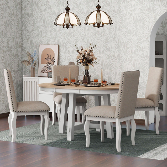 5-Piece Farmhouse Dining Table Set Wood Round Extendable Table and 4 Upholstered Chairs
