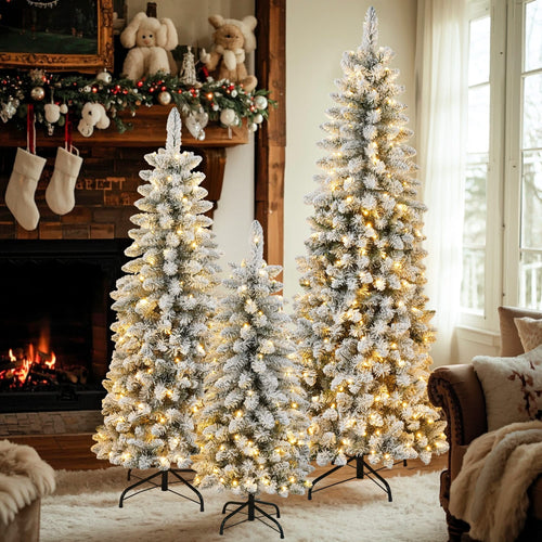 3 Pcs Flocked Artificial Christmas Tree Set with Lights, 4ft 5ft 6ft Christmas Snow Tree Set, Christmas Decor - Image 3