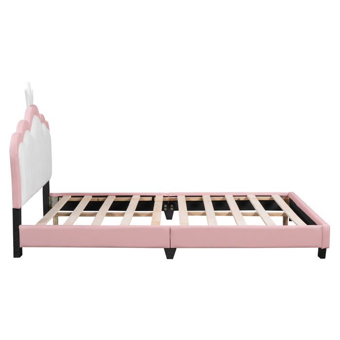 Full size Upholstered Princess Bed With Crown Headboard,Full Size Platform Bed with Headboard and Footboard, White+Pink