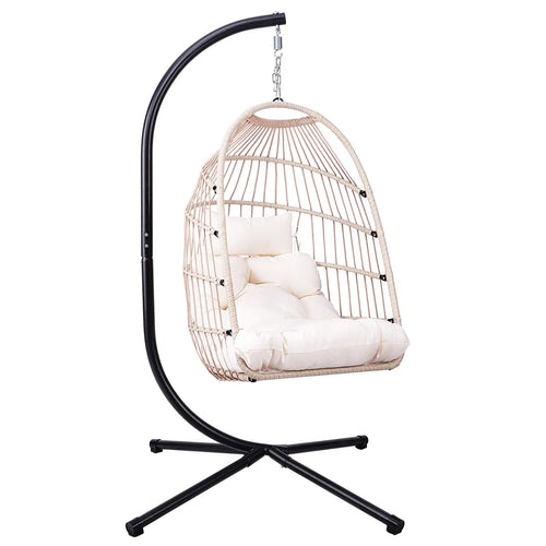 Outdoor Egg Hanging Chair with Stand, Patio Wicker Swing Egg Chair Indoor Swinging Chair Outdoor Hammock Egg Chair Off-white - Image 8