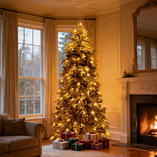 7ft Slim Flocked Christmas Tree Pre-lit w/ 767 Premium PE&PVC Tips, 250Warm White LED Lights, Skinny Noble Artificial Christmas Tree Easy Assembly for Home, Corner, Narrow Place - Image 2