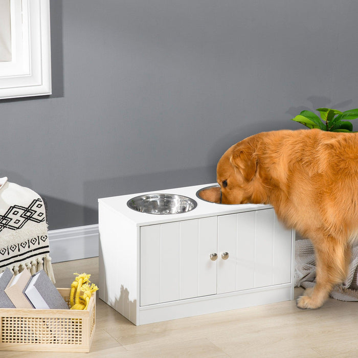Large Elevated Dog Bowls with Storage Cabinet Containing Large 44L Capacity, Raised Dog Bowl Stand Pet Food Bowl Dog Feeding Station, White