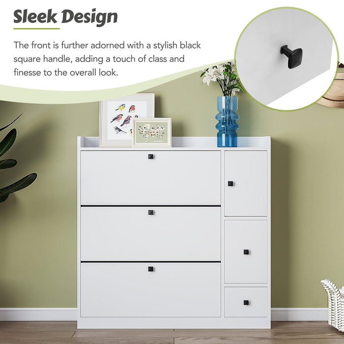 Versatile Tipping Bucket Shoe Cabinet with 3 Flip Drawers, Maximum Storage Entryway Organizer with Drawer, Free Standing Shoe Rack with Pull-down Seat for Hallway, White - DTYStore