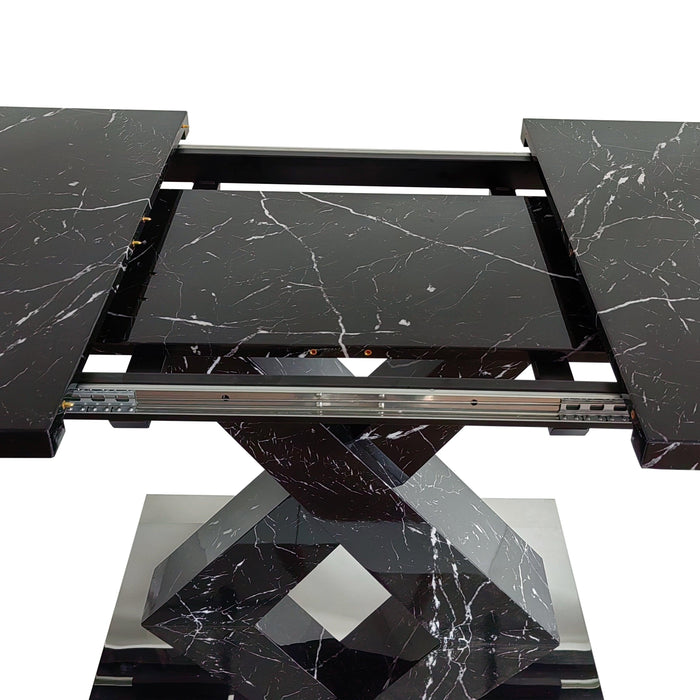 Modern Square Dining Table,Stretchable,Printed Black Marble Table Top+MDF X-Shape Table Leg with Metal Base - DTYStore