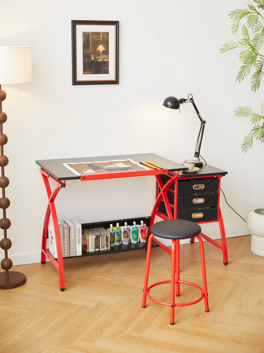 Drafting Table Red With Stool - DTYStore