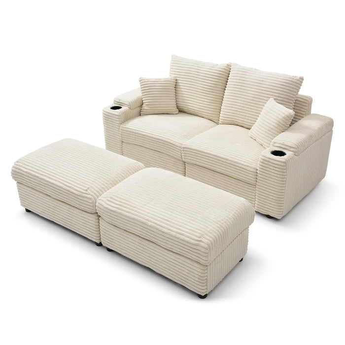 Loveseat with Ottomans,Corduroy Fabric Modular Sectional Sofa,Comfy Deep Plush Couch with Ottomans and Two Pillows,for Small Spaces, Living Room,Bedroom, Office, 5 Colors,Cream - DTYStore