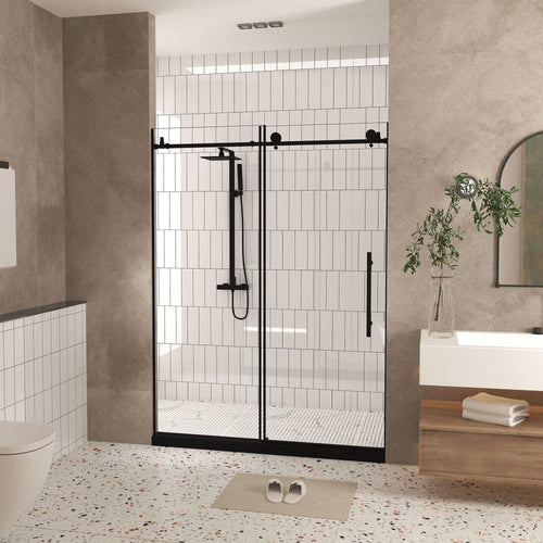 Frameless shower door 56-60 'W x 76' H, 1/4 '(6 mm) Clear Tempered Glass, Explosion Proof Film, Stainless Steel Handle, Matte Black - Image 2