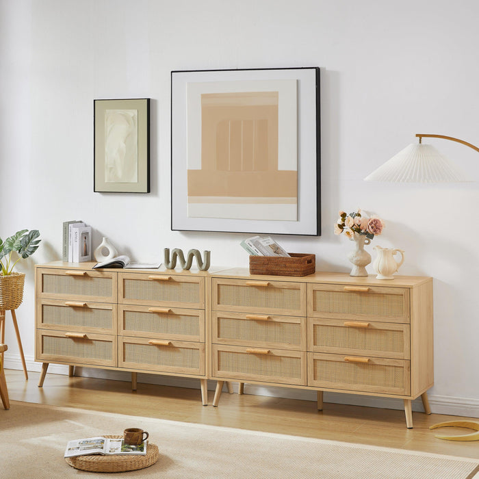 Bedroom dresser, 6 Double Dresser with rattan drawers, wood chest of drawers for kids room, living room, entry and hallway, Natural, 47.2'' W x 15.8'' D x 30'' H. - DTYStore