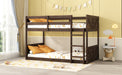 Twin over Twin Floor Bunk Bed with Panelled Headboard and Footboard, Solid Rubber Wood Foundation with Safety Guardrails, Built-in ladder,Antique Oak - DTYStore