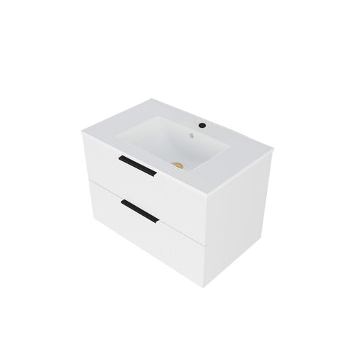 30 Inch Bathroom Vanity Cabinet With Ceramic Sink - White Wall Mounted Floating Fluted Vanity With Drawers, Modern - Image 10