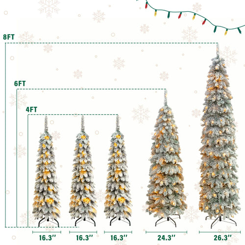 8FT, 6FT, 4FT x 3 Pre-Lit Pencil Christmas Trees, 5-set Slim Artificial Christmas Tree With Snow Flocking, Xmas Holiday Decoration Tree, 1820 Branch Tips, 350 LED Lights with 11 Lighting Modes - Image 8