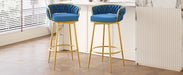 Swivel Counter Height Bar Stools Set of 2, 31.' Bar Height Stools with Hand-Woven Backrest & Gold Metal Legs, Modern Low Back Upholstered Kitchen Chairs with Footrest for Island, Dining Room,Blue - DTYStore