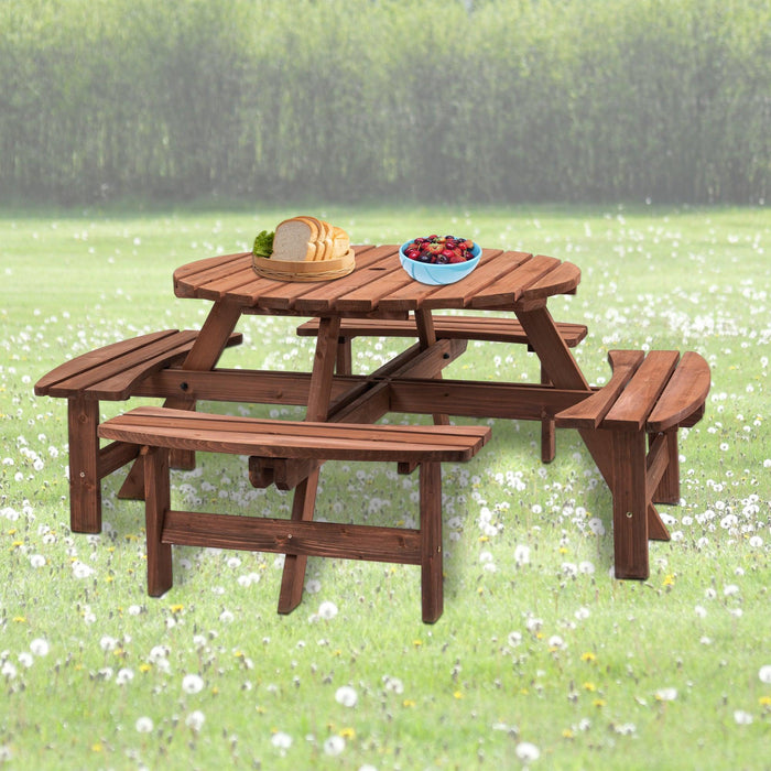 8 Person Wooden Picnic Table, Outdoor Camping Dining Table with Seat, Garden, DIY w/ 4 Built-in Benches, 2220lb Capacity - DTYStore