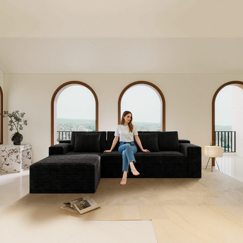104.3' Cloud Sectional Couch with L-Shape Chaise,Modern Modular Sofa with Deep Seat, Upholstered Couches for Living Room Bedroom,No Assembly Required, Black(Plush Corduroy Fabric) - Image 1
