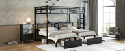 Full XL Over Twin & Twin Triple Bunk Bed with Drawers, Multi-functional Metal Frame Bed, Bed Head with Shelving & USB, Black - DTYStore