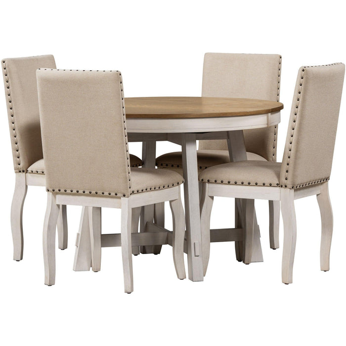5-Piece Farmhouse Dining Table Set Wood Round Extendable Table and 4 Upholstered Chairs