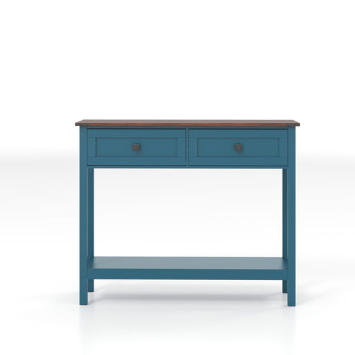 Farmhouse Style Console Table with 2 Drawers and Bottom Storage Shelf, Pagoda Blue, Engineered Wood