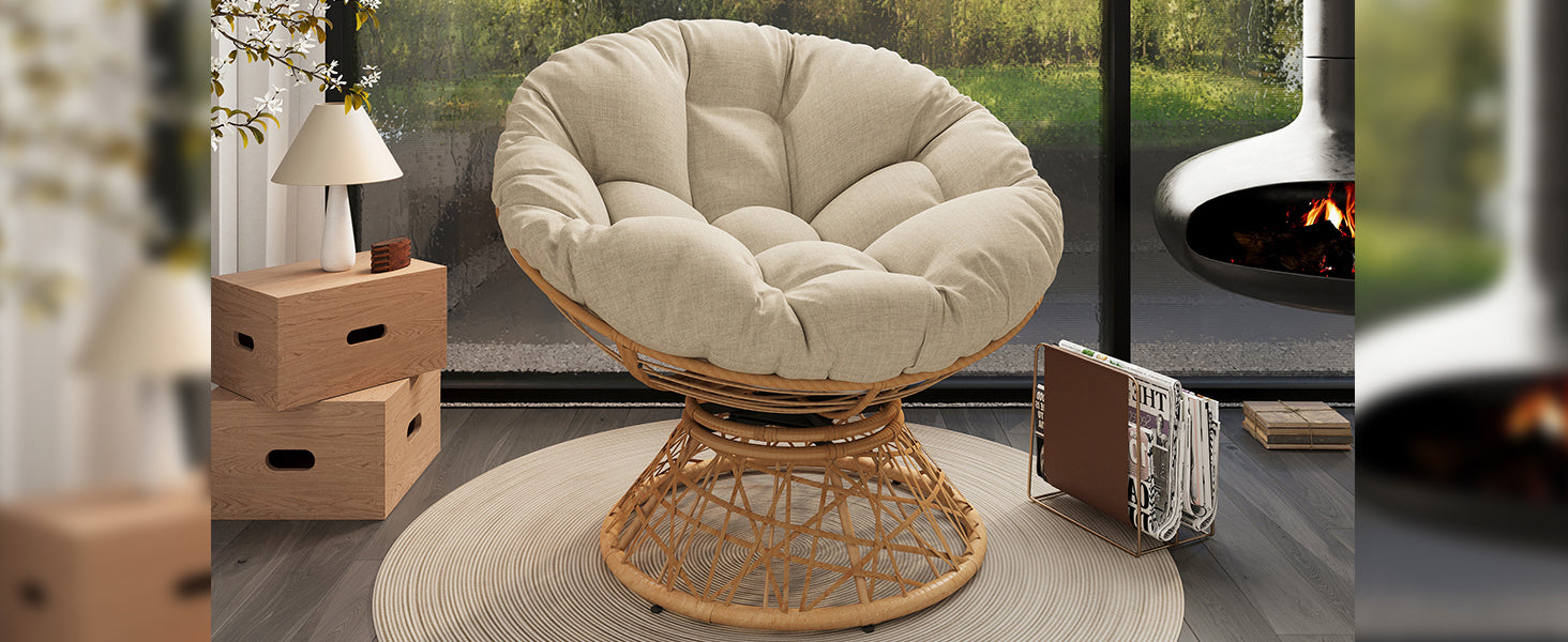 40" Ergonomic Wicker Chair with Cloud Thick Density Fabric Cushion,3-proof Cover,High Capacity Iron Frame,Fluid 360 Degree Swivel for Reading,Living Room, Bedroom,Lounge,Natural Base,2 Colors