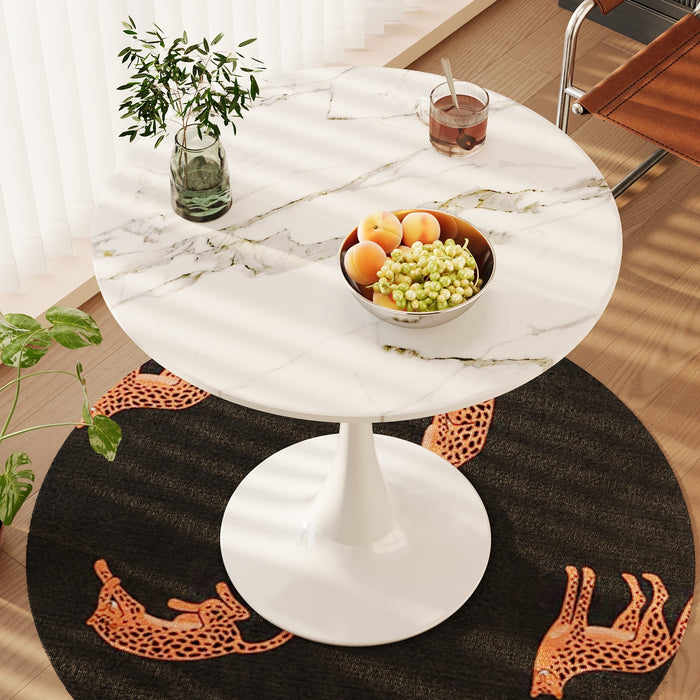31.4 "round dining table, medieval white marble patterned tulip dining table, 2-3 person metal base dining table, easy to assemble casual coffee table, office desk