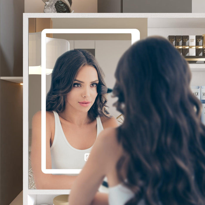 Makeup Vanity with Lights in 3 Colors & Openable Mirror, Vanity Desk with 4 Drawers & 1 Cabinets & Shelves, Vanity Table Rattan Vanity Dresser, for Bedroom - DTYStore