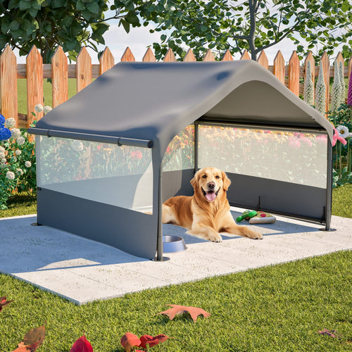 Extra Large Outdoor Dog House Tent with 3-Sided Mesh Windows, Breathable Sun Rain Cover Pet Shelter with Canopy and Ground Stakes for Dogs, Cats, Livestock – 4' x 4' x 3.3', Gray - Image 11