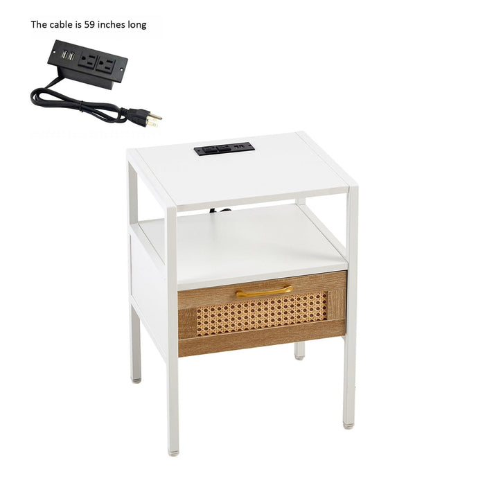 15.75" Rattan End Table with Power Outlet & USB Ports, Modern Nightstand with Drawer and Metal Legs - DTYStore