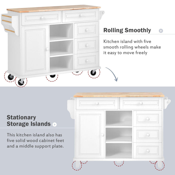 Kitchen cart with Rubber wood desktop rolling mobile kitchen island with storage and 5 draws 53 Inch length(White) - DTYStore