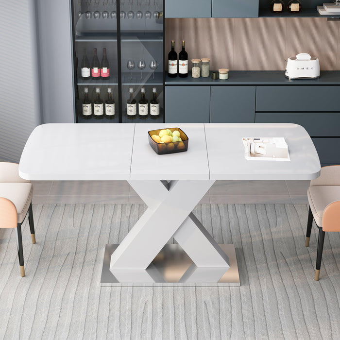 Modern Square Dining Table, Stretchable, White Table Top+MDF X-Shape Table Leg with Metal Base - DTYStore