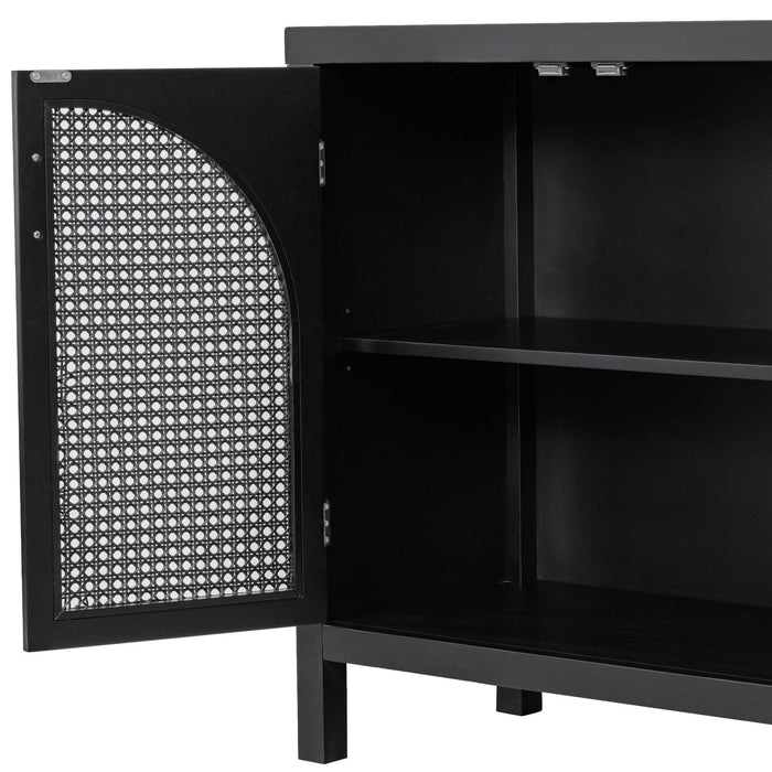 Large Storage Space Sideboard with Artificial Rattan Door and Metal Handles for Living Room and Entryway (Black) - DTYStore