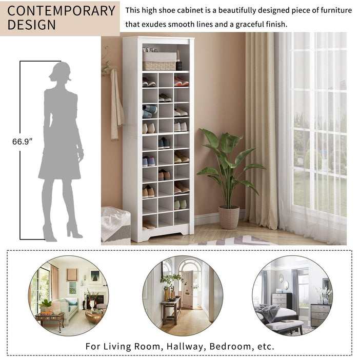 Stylish Design 30 Shoe Cubby Console, Contemporary Shoe Cabinet with Multiple Storage Capacity, Free Standing Tall Cabinet with Versatile Use for Hallway, Bedroom, White - DTYStore