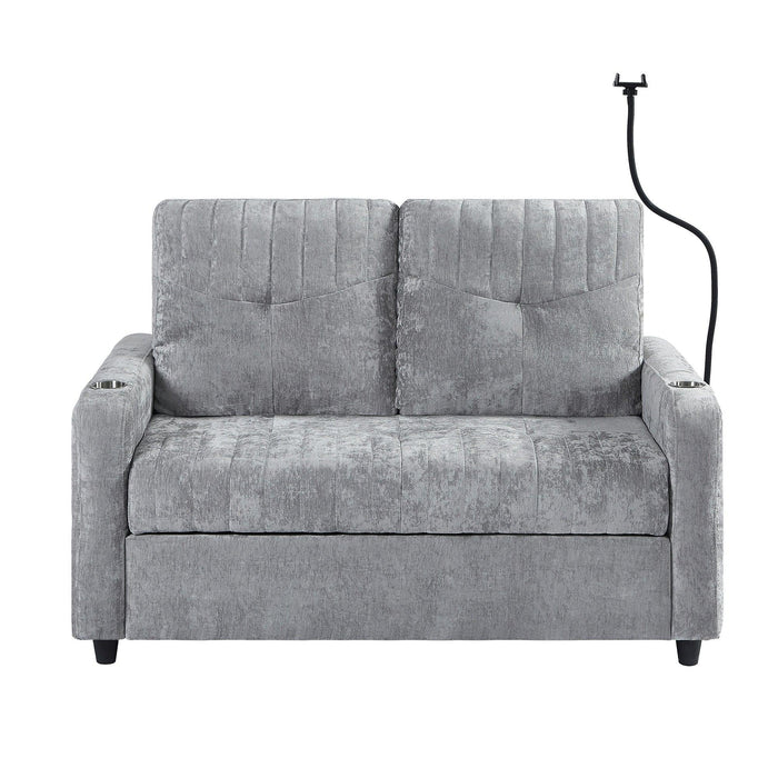 53.9" Modern Loveseat Pull-out Sofa Bed with Adjustable Backrest, Two Cup Holders , a Phone Holder, Three Charging Ports and Side Storage Pockets for Living Room, Grey - DTYStore